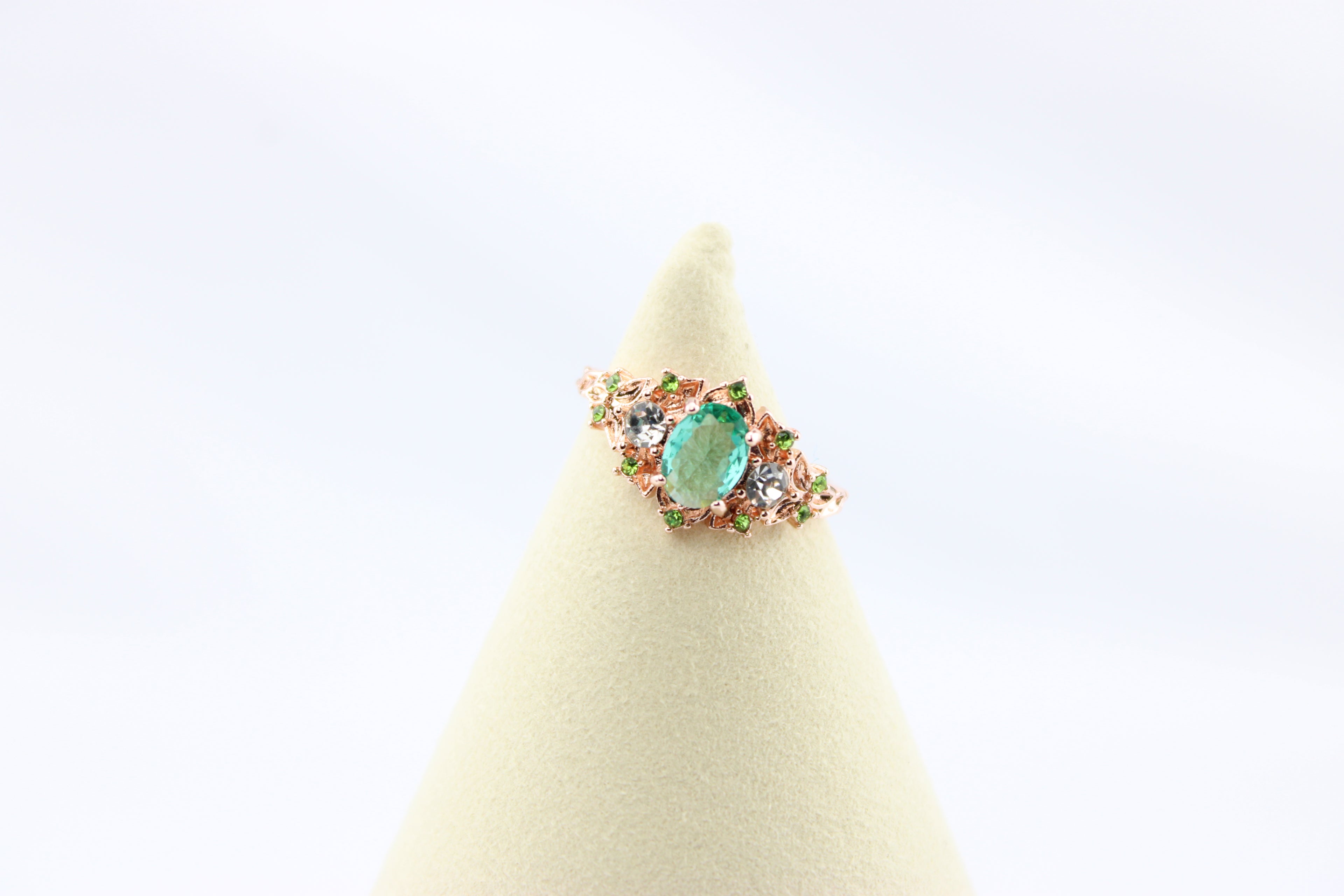 Enchanted Emerald Vine Ring – Rose Gold Plated
